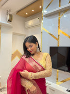 Banarasi Handwoven Organza Saree in Rani Pink with Zari Border & Lace Detailing