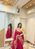 Banarasi Handwoven Organza Saree in Rani Pink with Zari Border & Lace Detailing