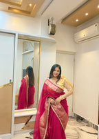 Banarasi Handwoven Organza Saree in Rani Pink with Zari Border & Lace Detailing
