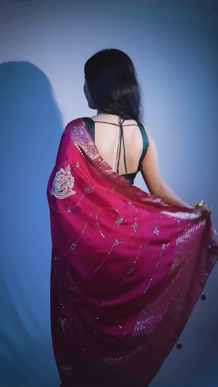 Pink Dola Silk Saree with All-Over Zari Embroidery work and Lace Detailing